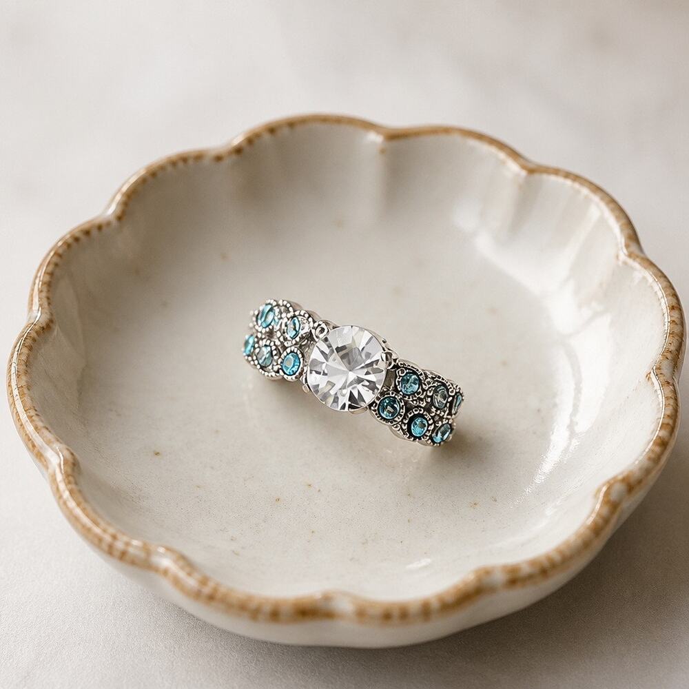 Artisan .925 Sterling Silver Central Crystal & Blue Mosaic Statement Ring